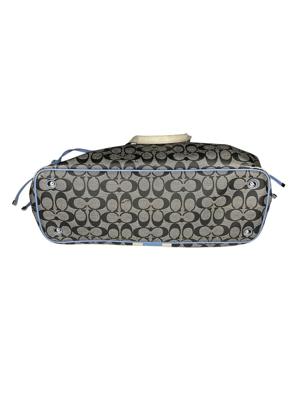 Coach Signature Stripe Drawstring Tote Bag Blue Canvas Leather F23049